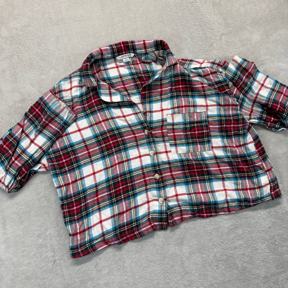American‎ Eagle Shirt Women's XS Cropped Flannel Red White Blue Plaid Button Up